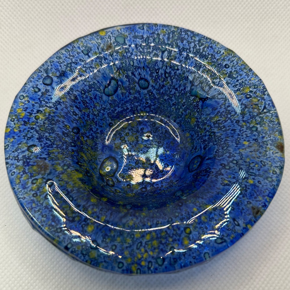 Art glass dish blue handmade small gold specks signed Adaloc trinket dish